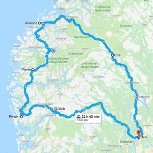 Cartina tour di una settimana in Norvegia